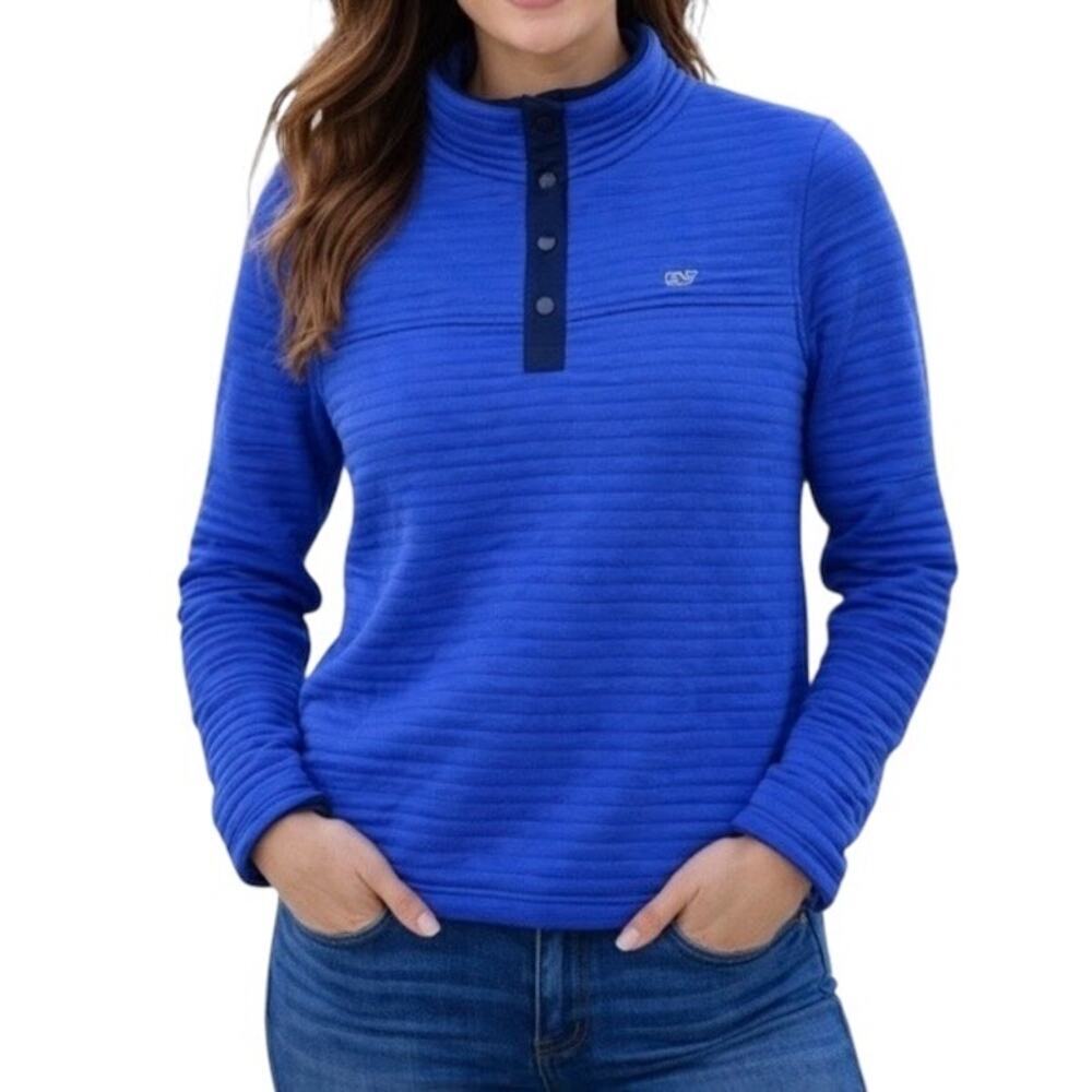Vineyard Vines Wmns Sz S Quilted Cropped Placket Quarter-Snap Pullover Blue